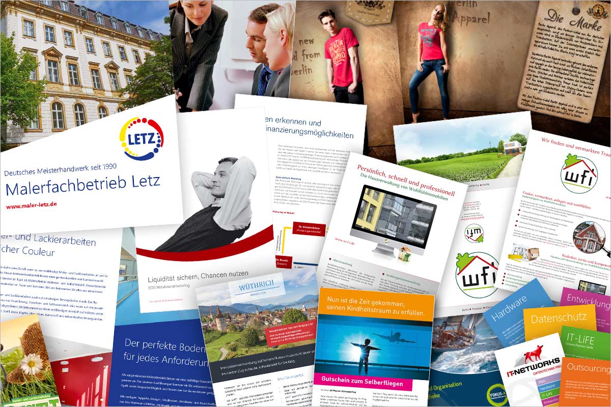 Eine Bildcollage aus vielen Referenzen für Broschüren (Produkte, Leistungen, Dienstleistungen, Image-Broschüren etc.) und Flyer (Werbung, Produkte, Image etc.) der Werbeagentur  für Ulm