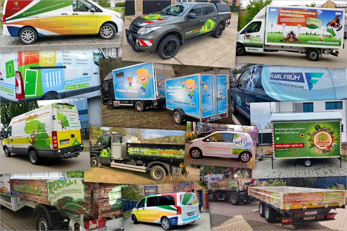 Bildcollage von Refrenzen Firmenwagenwerbung + Fahrzeugbeschriftung - Werbeagentur für Ulm