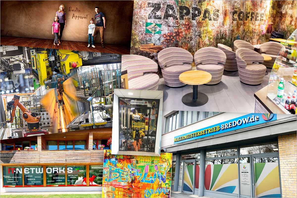 Eine Bildcollage aus vielen Referenzen für großformatige Werbebanner, Fototapeten, Wandbilder und Schaufensterfolierungen der Werbeagentur für Ulm