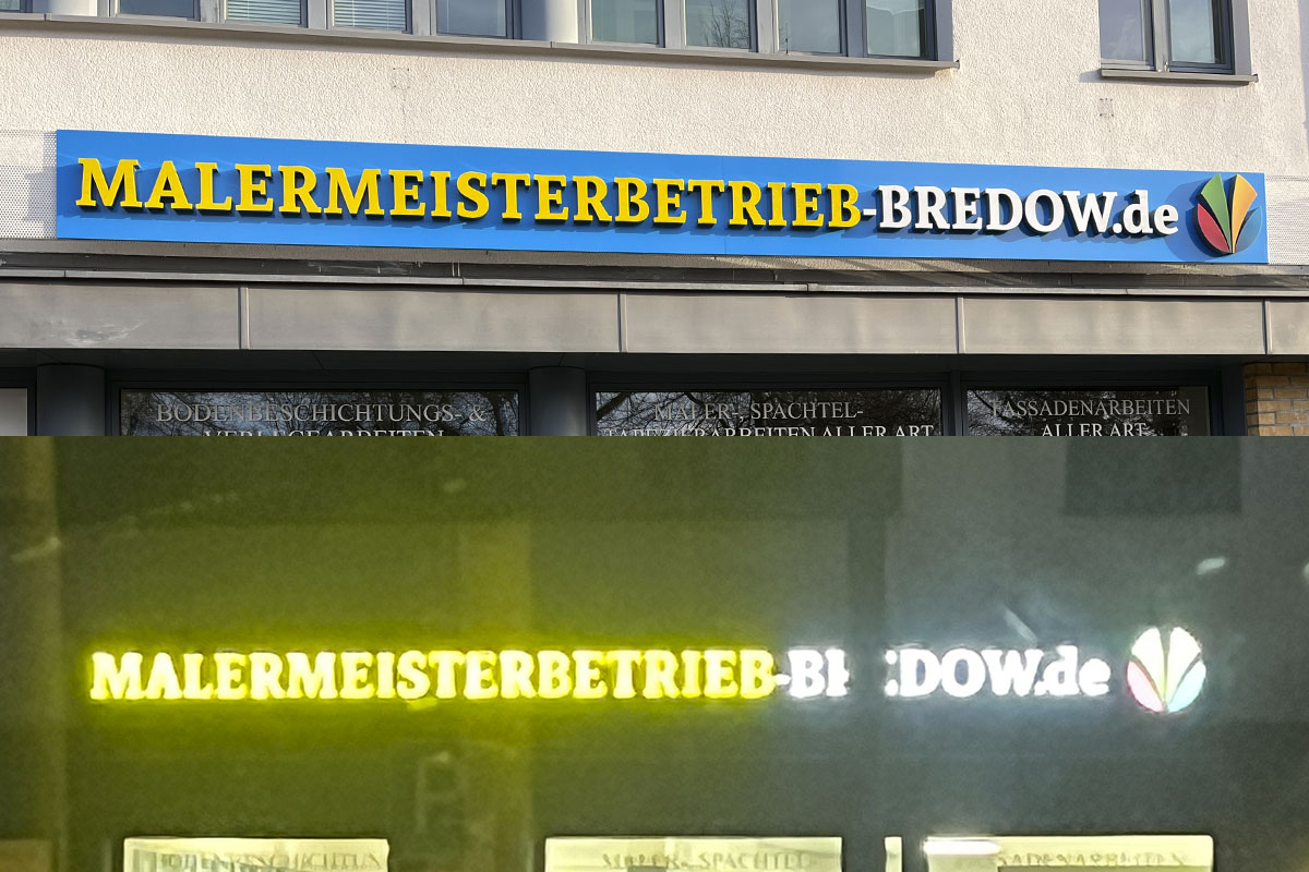 Referenz einer Leuchtreklame am Tag und bei Nacht von der Werbeagentur  für Ulm