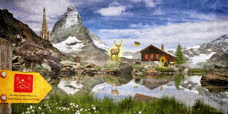 Bildcollage der Werbeagentur in einer fantasievollen Bergkulisse